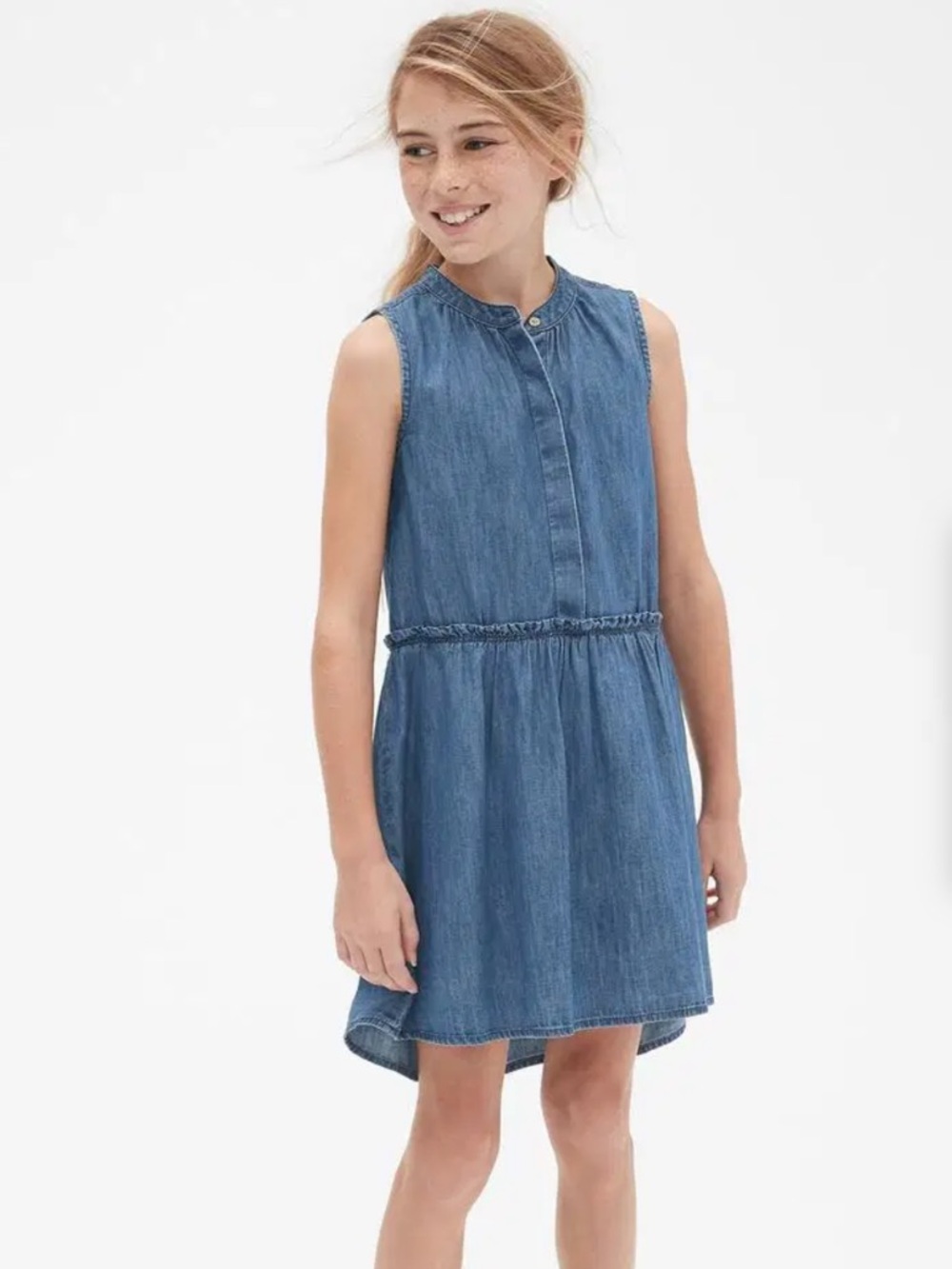 Gap Denim Chambray Girls Dress L Sleeveless 1/2 Button Close